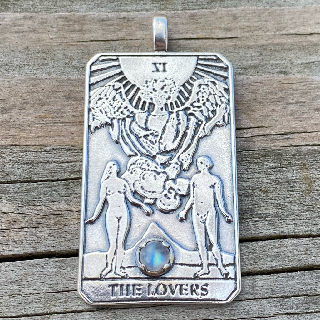Lovers Tarot Pendant .925 Sterling Silver W/ Genuine Rainbow Moonstone Usa